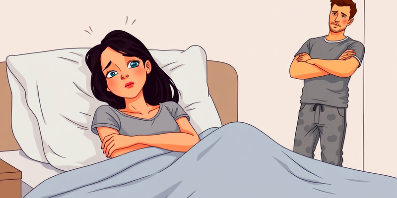 Illustration of a woman lying in bed, looking sad and emotionally distant, while her frustrated husband stands nearby with crossed arms, highlighting the impact of birth control on intimacy.