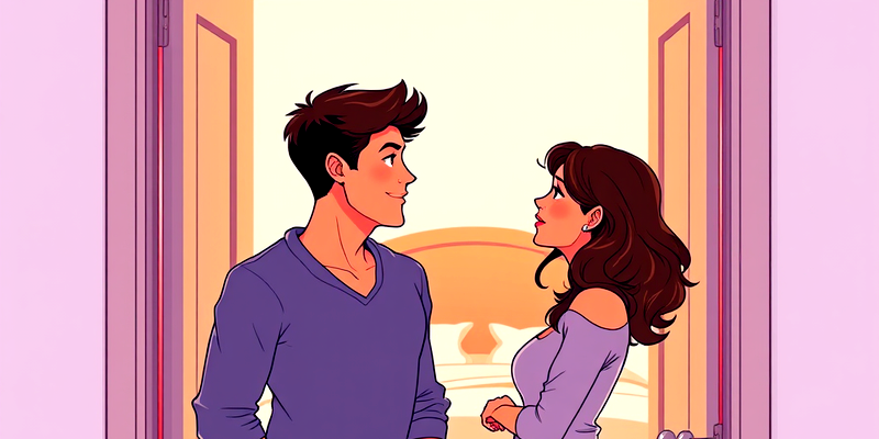 A loving couple standing in the doorway of their bedroom, gazing into each other’s eyes with warmth and affection. The bed behind them suggests intimacy, renewal, and emotional connection.