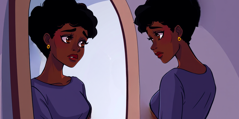 A young Black woman with short, curly hair looks at her reflection in the mirror with a sad, concerned expression, symbolizing the emotional impact of hormonal birth control on libido and self-identity.