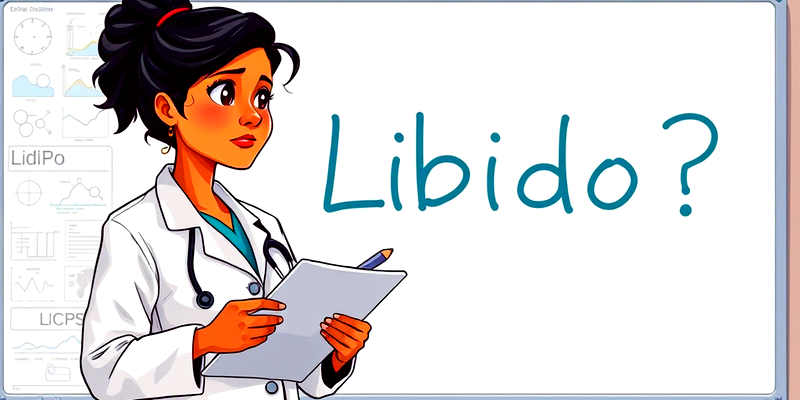 Illustration of a female scientist in a lab coat holding a clipboard, looking thoughtfully at a whiteboard with “Libido?” written in large letters, symbolizing the search for answers about birth control’s impact on sex drive.