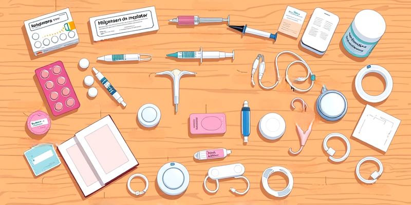 Illustration of various birth control methods, including pills, IUDs, implants, shots, and barrier methods, laid out on a wooden table.